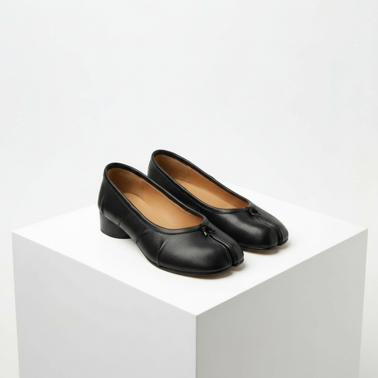 Black Leather Tabi Pumps - Front View